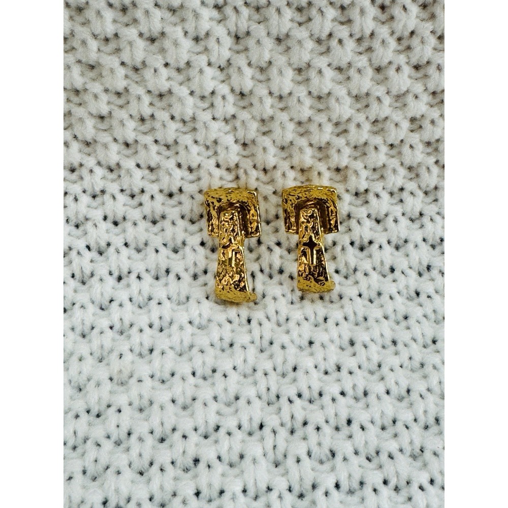 Vintage Reno Signed Heavy Gold Tone Nugget Textured Cross J Hoop Earrings
